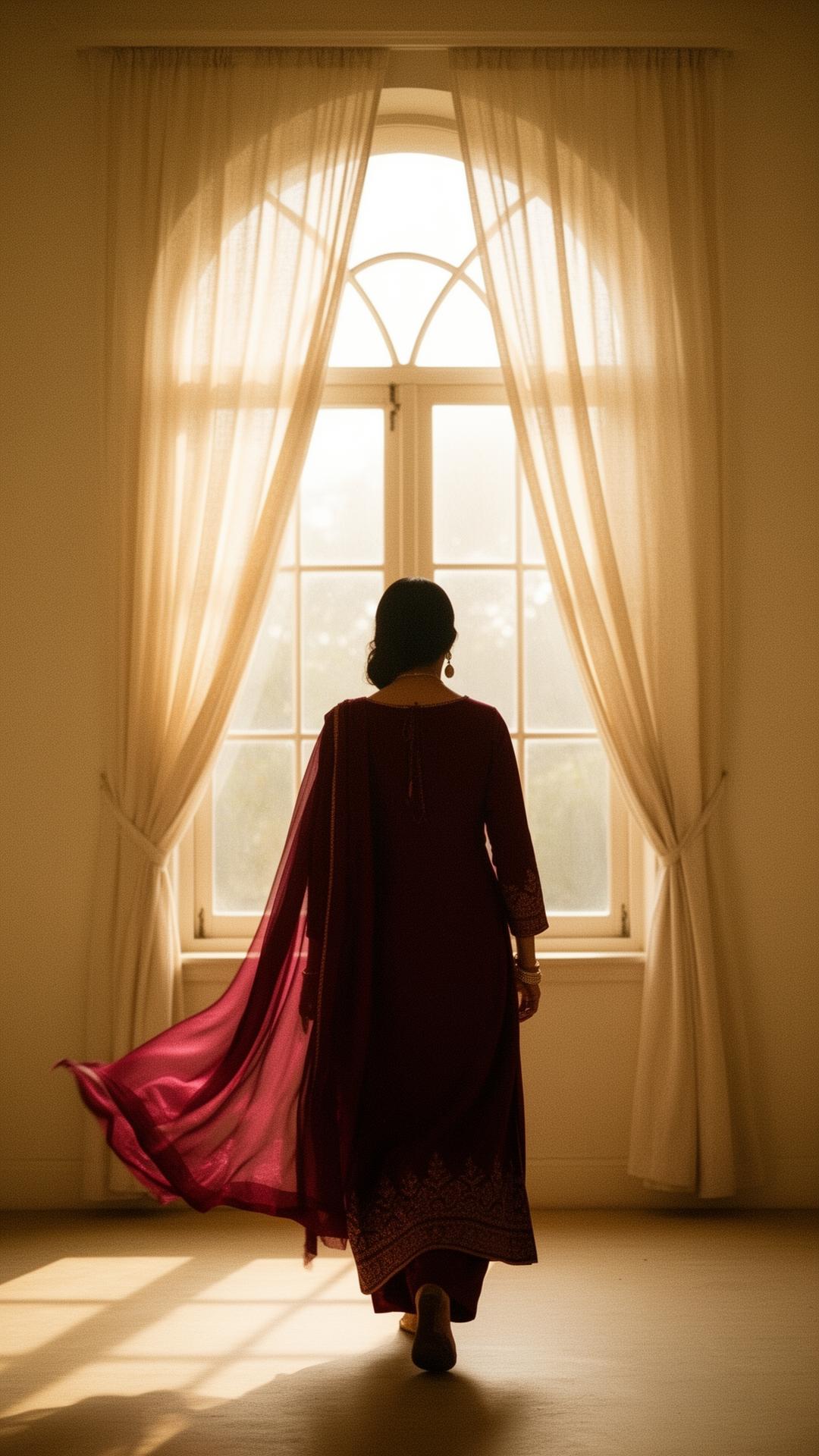 A woman in a deep maroon ethnic outfit walking toward a sunlit window